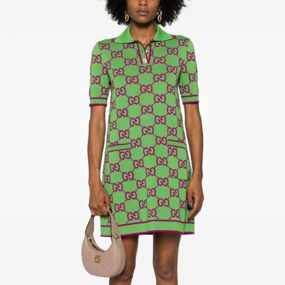 Gucci Green & Purple GG Monogram-Jacquard Polo Mini Dress - Picture 1 of 15